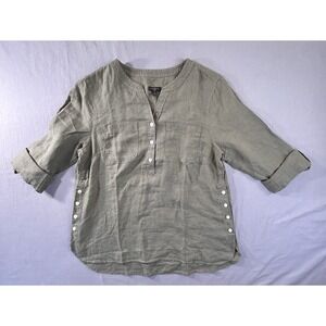 Talbots Linen Roll Tab Olive Green Vneck‎ Camp Shirt Women's Petite Medium